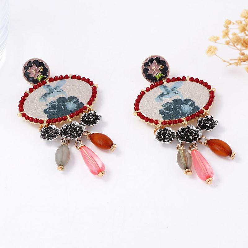 Vintage Ethnic Style Bohemian Fly Bird Printed Alloy Flower Water Drop Pendant Earrings For Women Banquet Party Jewelry Gifts