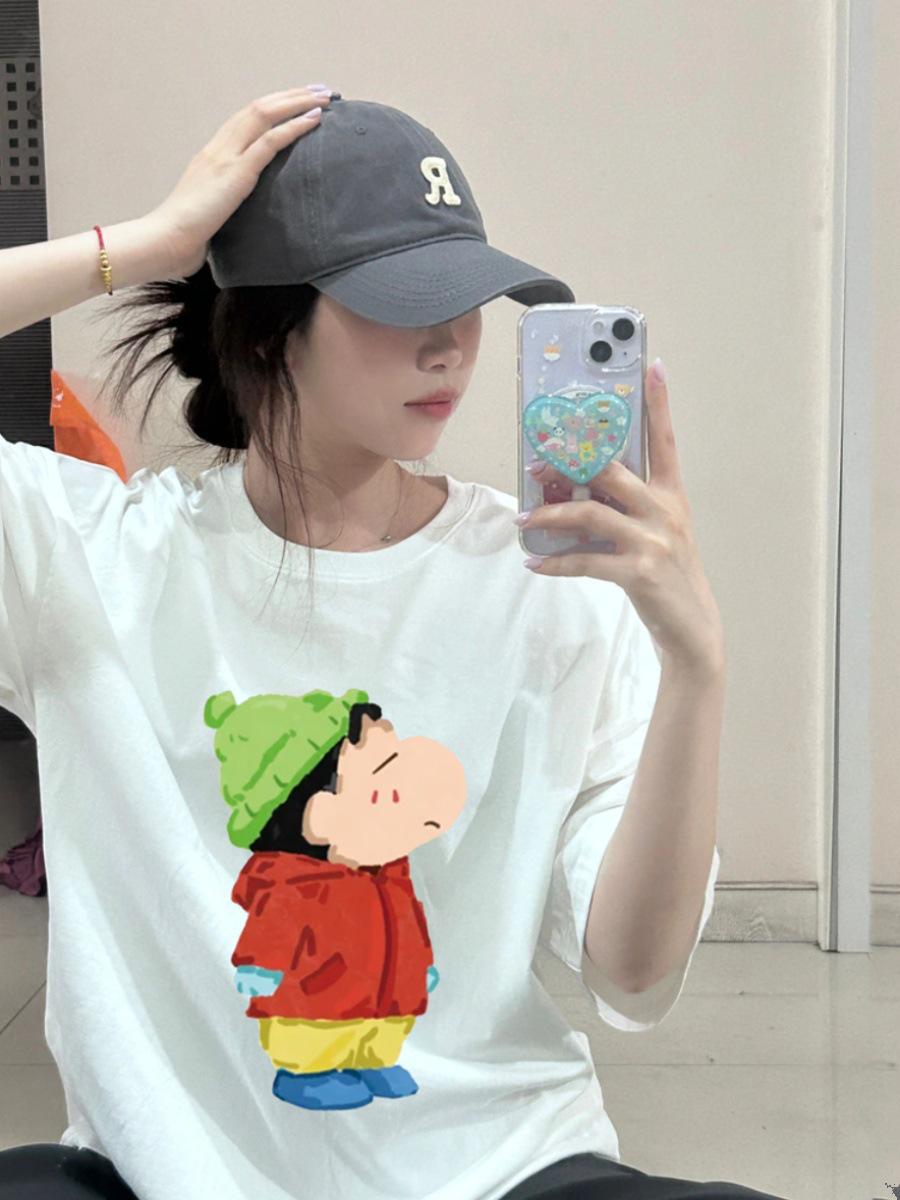 

Лето 2025 Женская футболка свободного кроя из чистого хлопка с коротким рукавом «Креон Шин-чан» XL белый