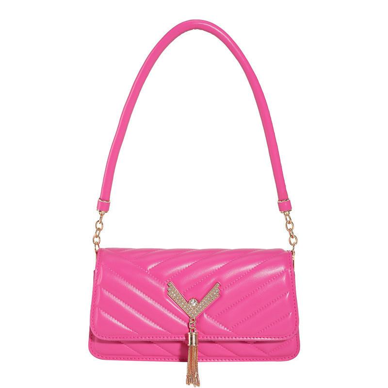 Stylish Ladies Handbag With Tassels Chic Textured Striped Commuting Pu Shoulder Bag маджента
