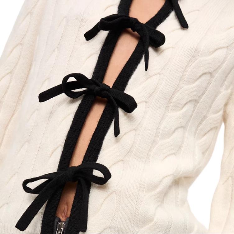 Ganni FW24 Textured Cable Knit Crew Neck Tie Long Sleeve Slim Fit Sweater Women sweater Egret K2412135