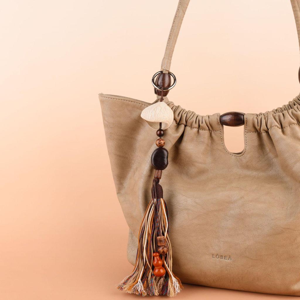 Vintage Miu Styl Přírodní Dřevěný Korálek Pletený Klíčenka Taška Přívěsek & Auto Přívěsek