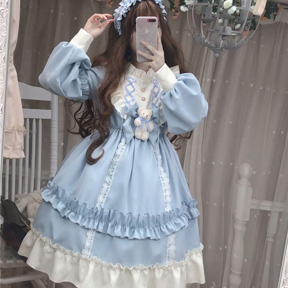 Lolita Long Cosplay Mori School Cultural Light Blue and Brown [SSUPTEMBER II] Dress, Sleeves, Costume, Girl, Cute, Dreamy, Girls, Ruffles, Ribbon,