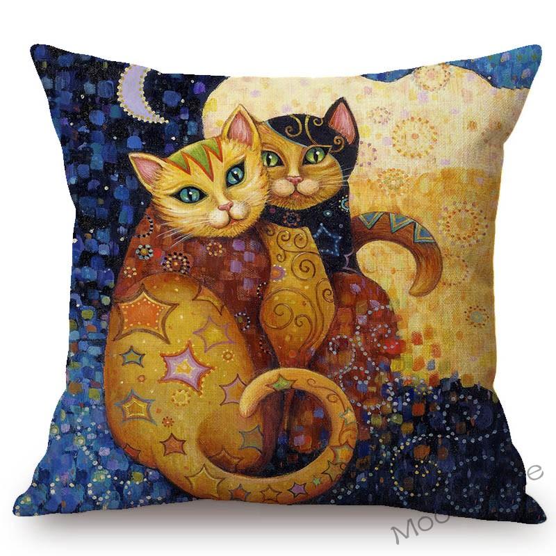 Lovely Cute Cartoon Klimt Style Cat Kitten Home Decoration Throw Pillow Case Gold Animal Art Sofa Decoration Linen Cushion Cover