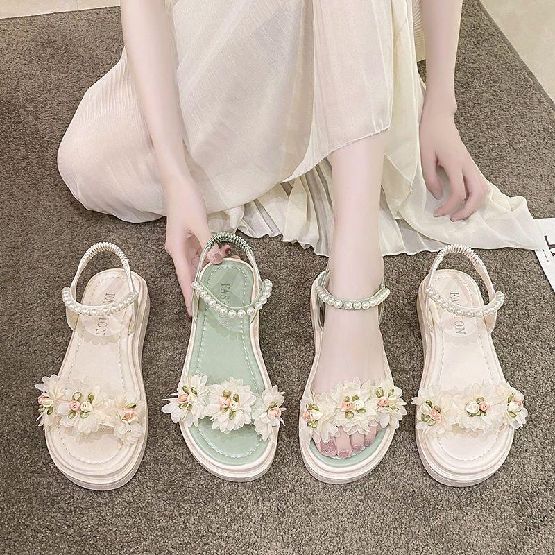 Flower Sandals Female Summer All-match Thick Bottom Korean System Slope with Flat Bottom Roman Shoes