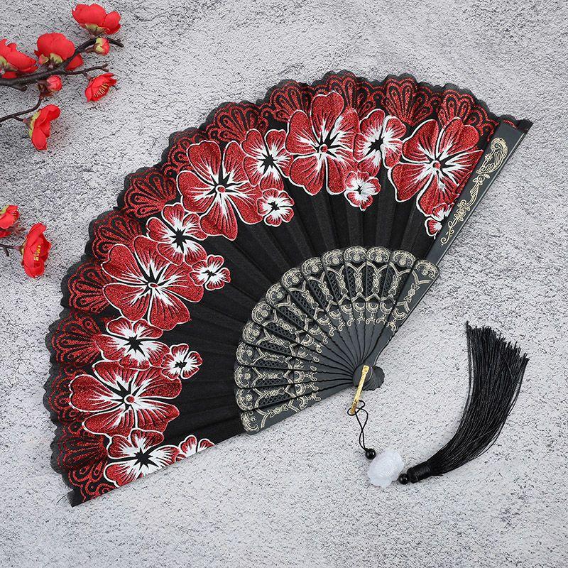 1Pc Chinese Ancient Style Flower Women Folding Fan with Tassel Fringe Hanfu Cheongsam Dance Fan Photo Props Summer Handheld Fan