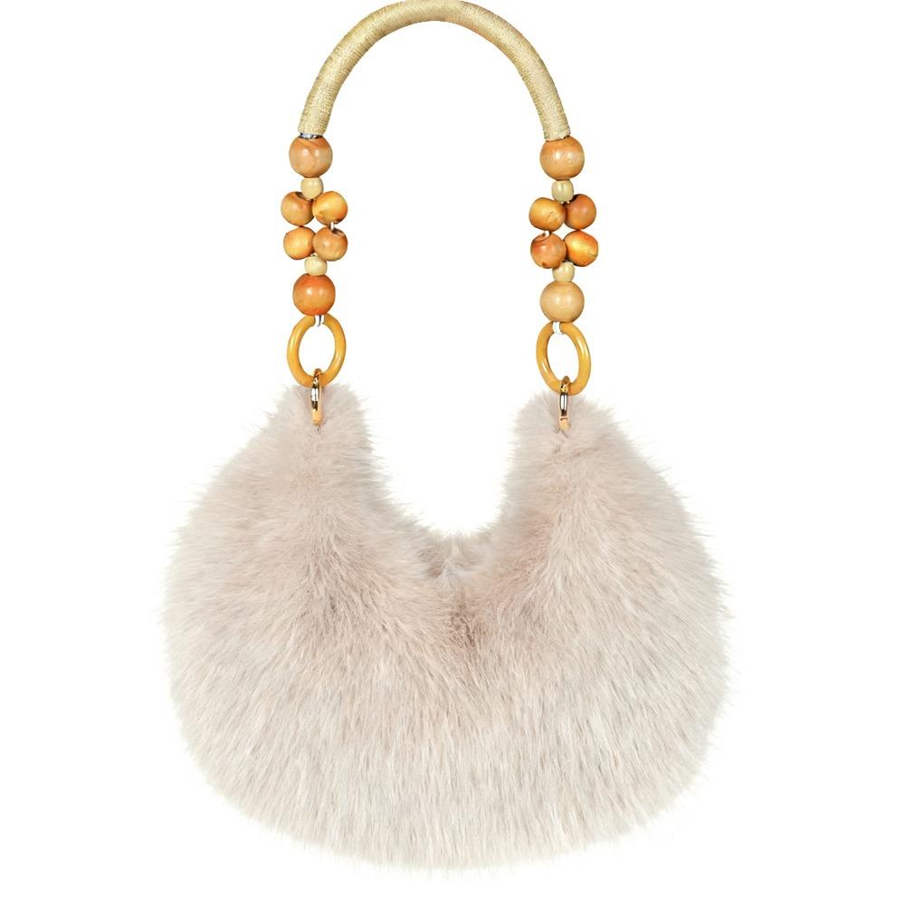 Retro Multicolor Furry Handbag Beads-Chain Handle Soft Tote Bag Faux Fur Oval Shoulder Bag Versatile