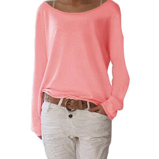 Solid Color Casual Round Neck Long Sleeve Women Knitted T-shirt Bottoming Top