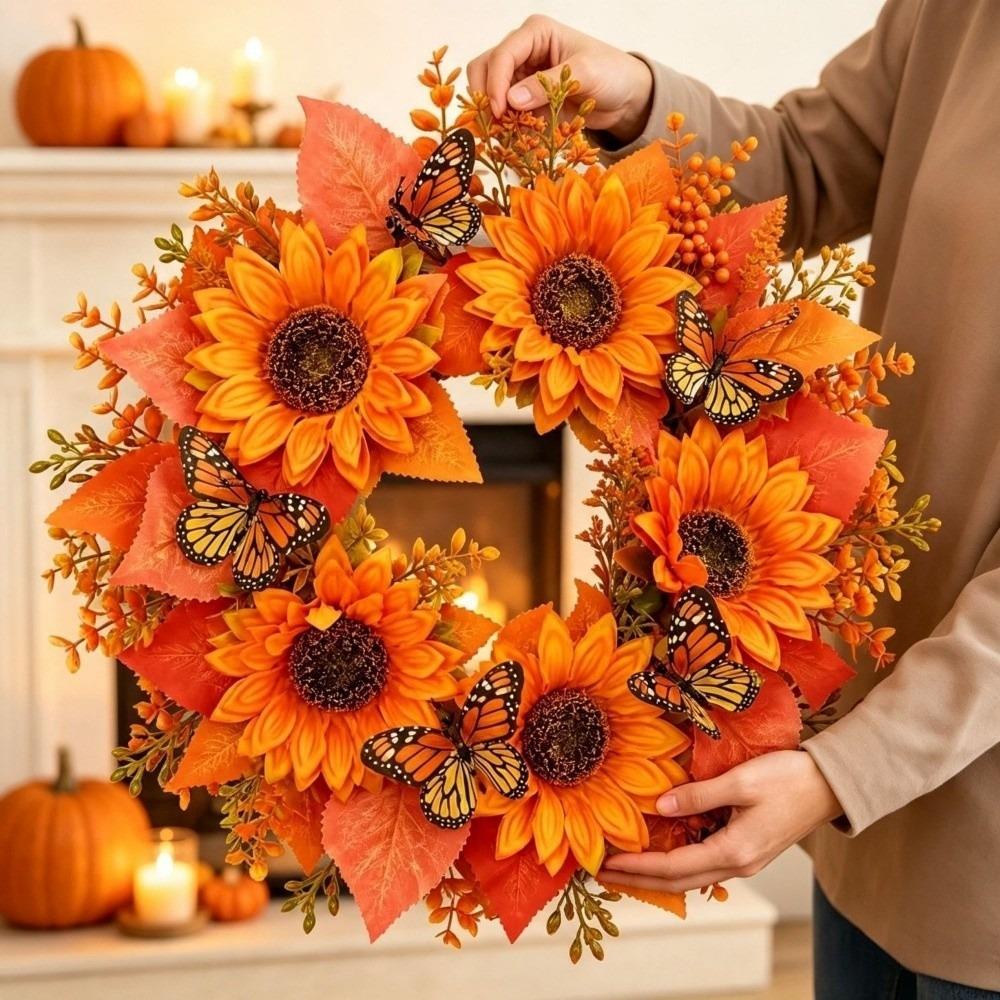 Simulated Floral Pumpkin Maple Leaf Wreath Thanksgiving Home Decor Artificial Sunflower Wreath Wall Hanging Rustic Style
