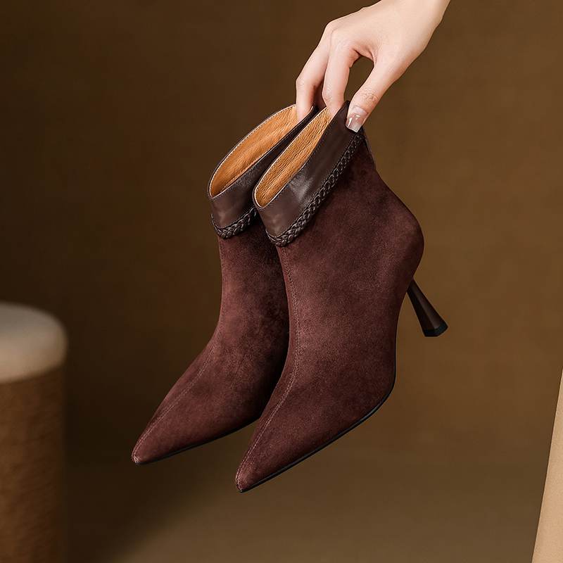 Krazing Pot Sheep Suede Autumn Winter Shoes Stiletto Thin High Heels Big Size 40 Modern Boots Pointed Toe Keep Warm Zip Ankle Boots