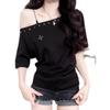 Women's American-Style Orange Rhinestone Off-Shoulder Short-Sleeve Summer T-shirt - Loose & Slimming Fit