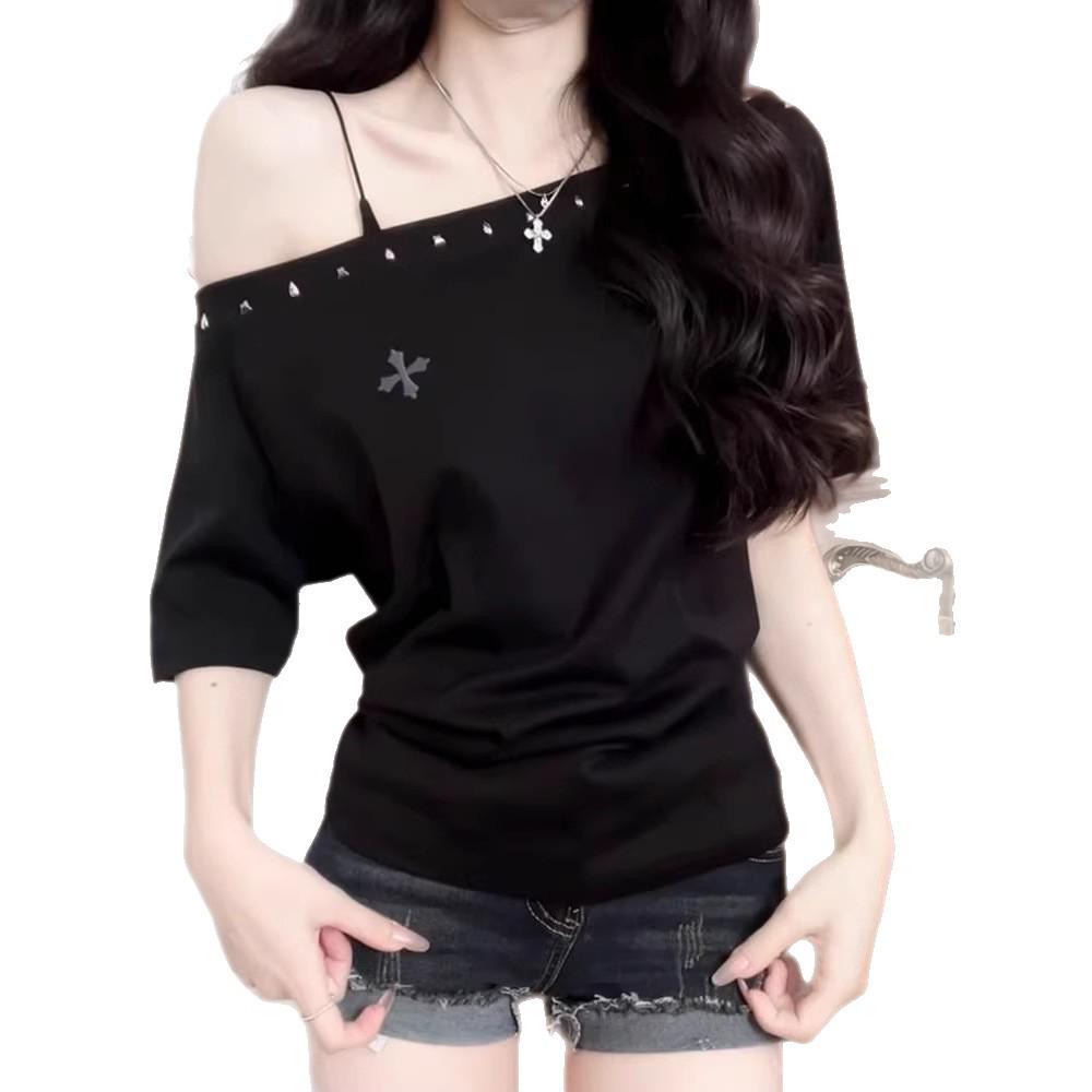 Women's American-Style Orange Rhinestone Off-Shoulder Short-Sleeve Summer T-shirt - Loose & Slimming Fit