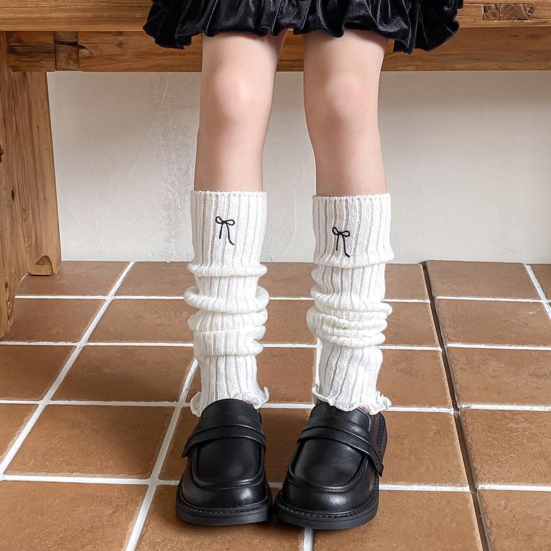 Girls Socks Spring And Autumn Embroidery Bow Calf Socks Solid Color Retro Knitted Wool Warm Pile
