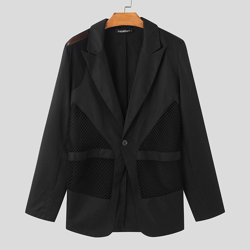 

INCERUN Мужские лацканы Длинный рукав Полая сетка Пэчворк Одна пуговица Повседневные Тонкие пиджаки Пальто L чёрный