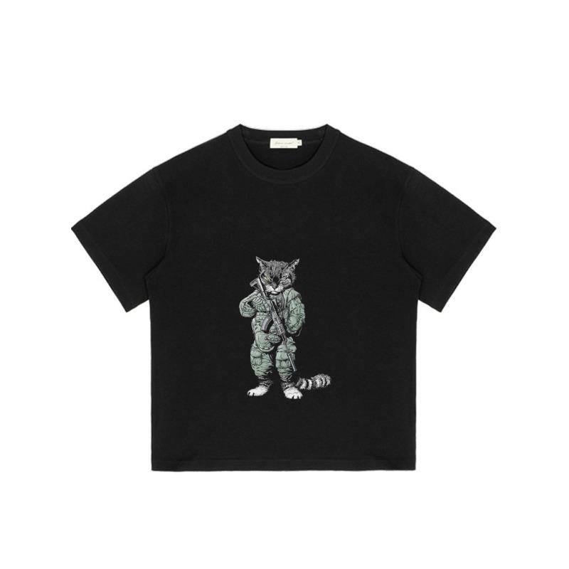 Black T Shirt with Cat Soldier Graphic Print for Casual Wear