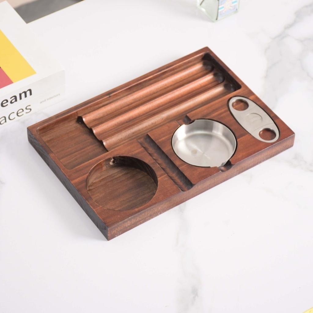 Luxury Wooden Cigar Ashtray Set with Cutter and Whiskey Glass Holder, Portable Walnut Cigar Tray for Men, Father's Day Gift