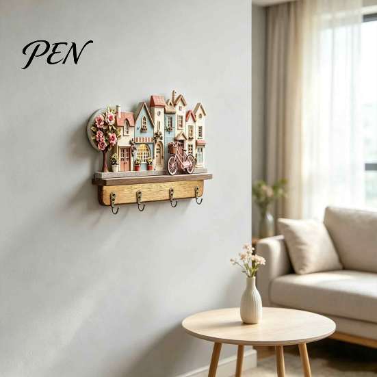 Functional Wall Hanging Key Holder Wooden Rack, Vintage Camping RV Pattern Rack with 4 Hooks, Theme Organizer 2D Farmhouse Mount for Entryway Hallway
