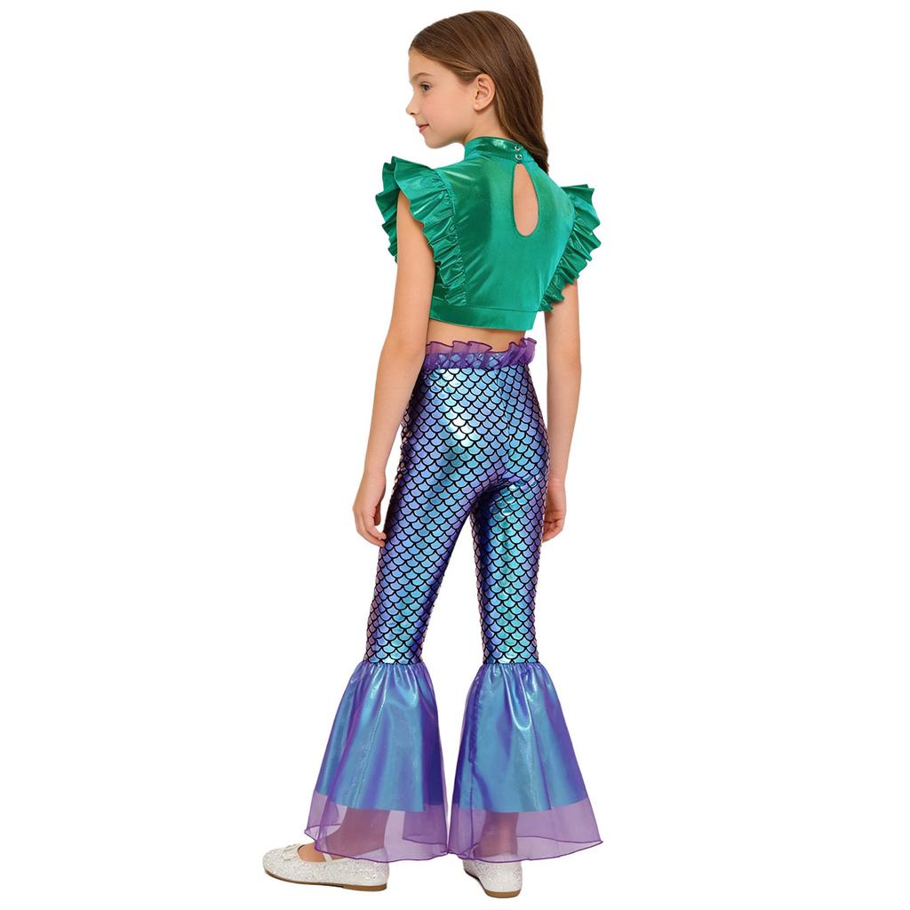 Costume da Sirena per Bambini 2 Pezzi Canotta Metallizzata Senza Maniche con Strass Crop Top Arricciato con Elastico in Vita Pantaloni a Zampa Arricciati Stampa a Squame di Pesce