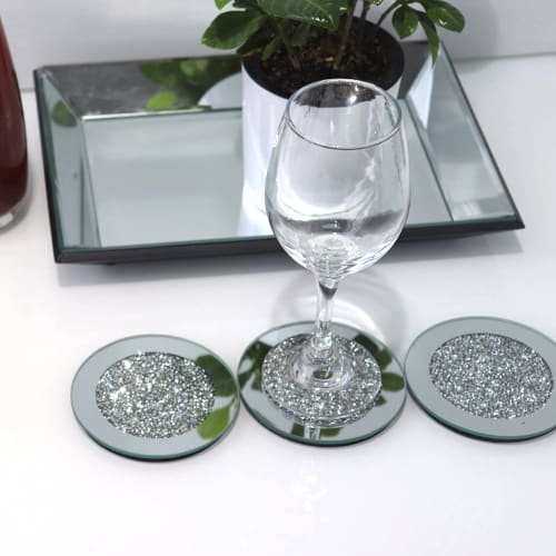 GIMORRTO Glass Mirror Coasters, 4 Pieces, Crushed Diamond Round 4 Inch, Cup Mats, Tabletop Decor, Bar Tools, Dining Table
