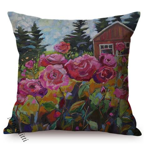 Multicolor Flowers Oil Painting Style Cotton Linen Pillow Case Rose Sunflower Violet Vase Sofa Decoration Cushion Cover Cojines