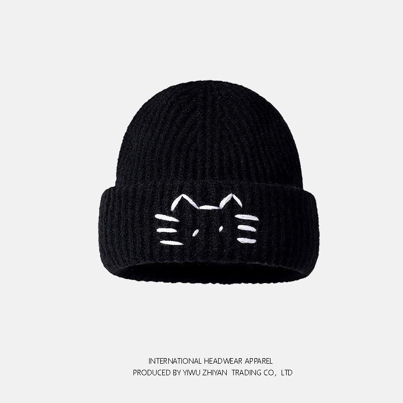 Cute kitten wool hat female autumn and winter face small warm cold hat big head circumference cold ear protection knitted hat