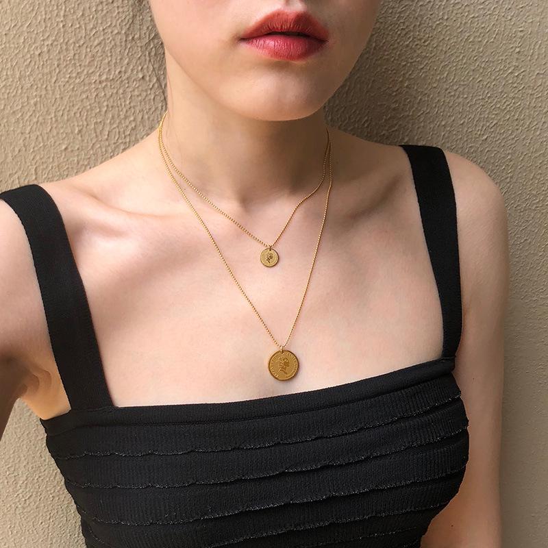 Gold Heart Letter Coin Necklace - Retro European American Style for Women