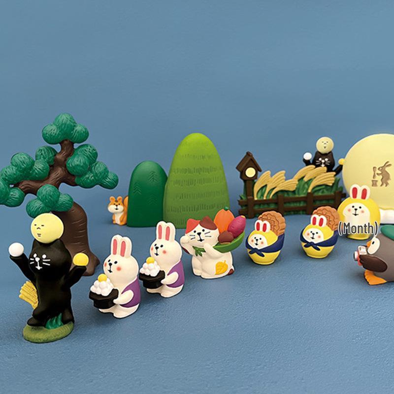 Mondfest Japanische Katze & Hase Figur Mondkuchen-Box Harz Dekor Geschenkset