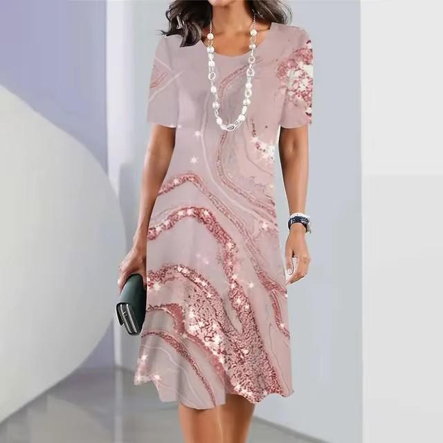 Elegant Women Short Sleeve Fashion 3d Print Midi Dress Plus Size Beach Clothing