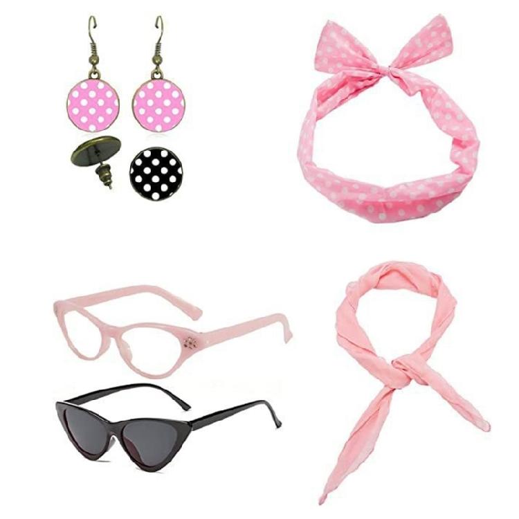 Woman Polkas Dot Earrings Scarf Headband Cats Eye Glasses 50's Costume Accessories Set for Party