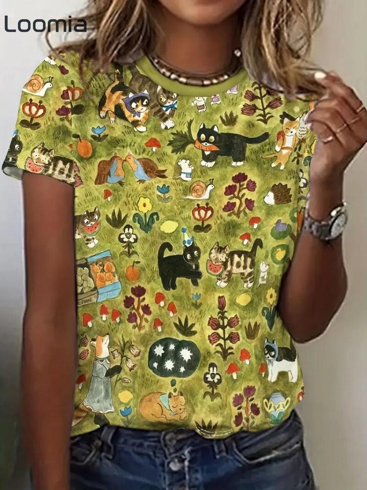 Cartoon Graphic Women's T Shirts Causal Short Sleeve Top Womenimitation Cotton Tees Oversized Female Clothing Ladies Summer Tees