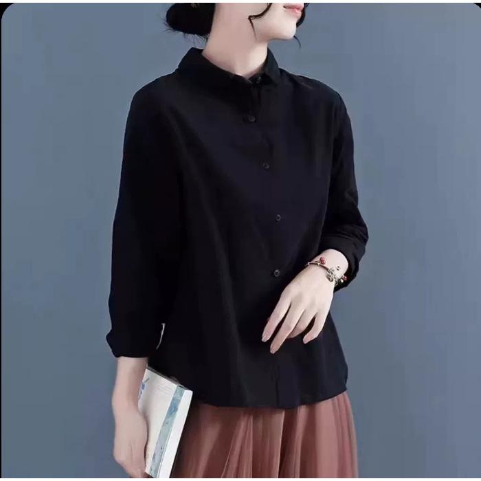 

Женская однотонная рубашка из хлопка и льна с длинным рукавом - Универсальная одежда для весны/осени XL чёрный
