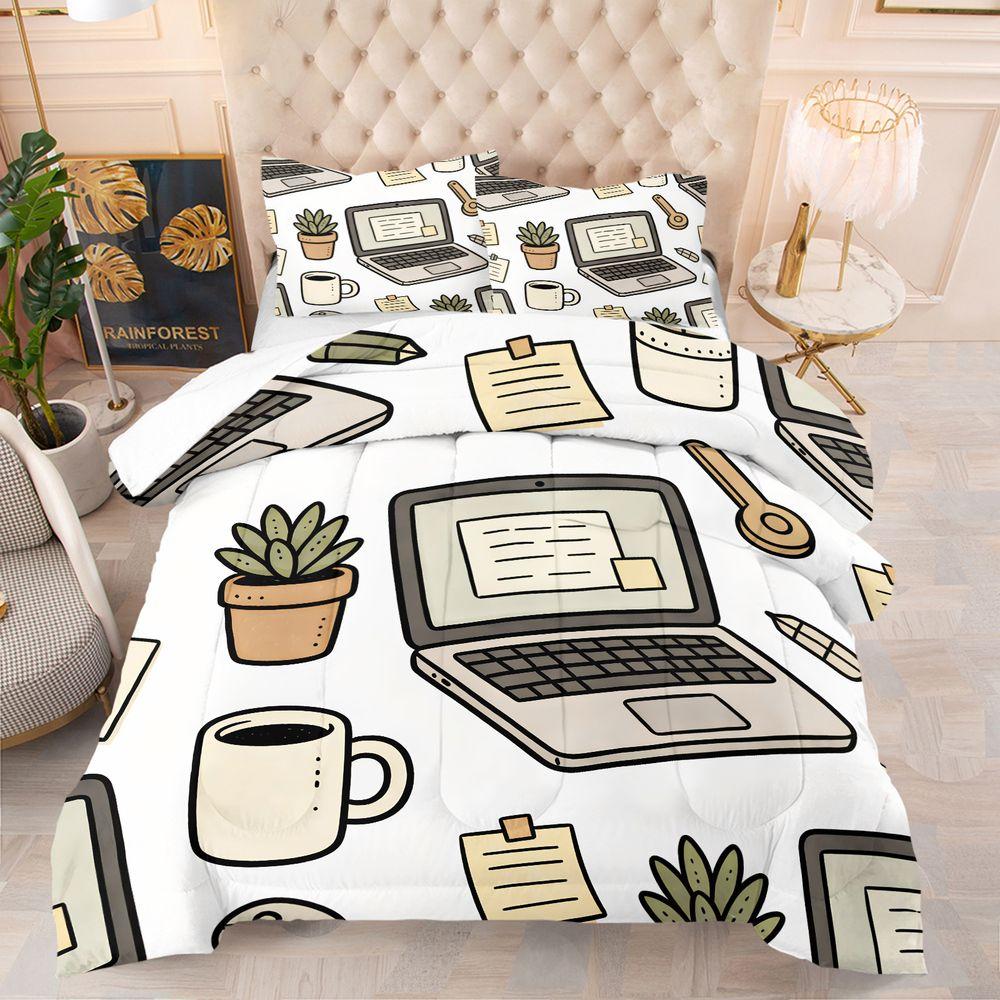 Office Plant Laptop Digital Print Comforter Set Quilt Bedding Set With Pillowcase Minimalist Worker Guest Bedroom Decor