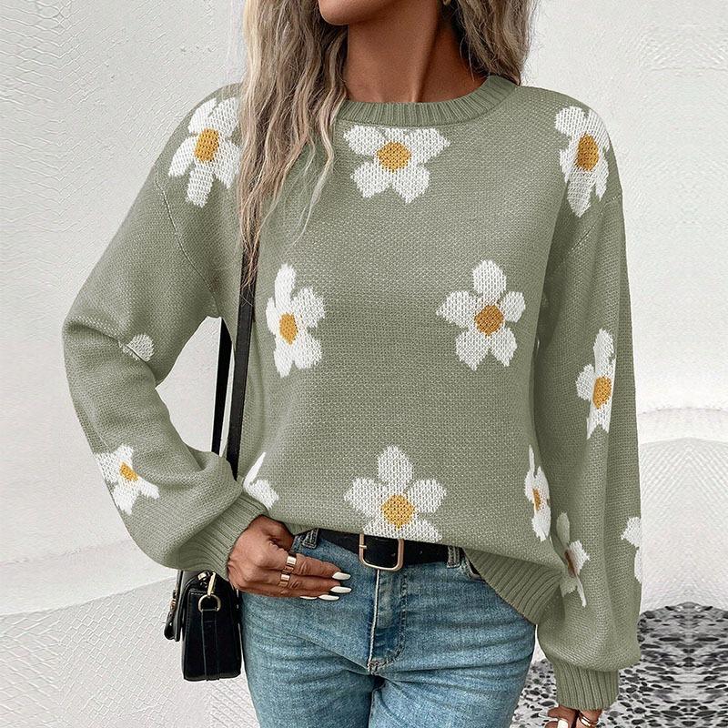 

Женский цветочный вязаный свитер пуловер свитер S зелёный