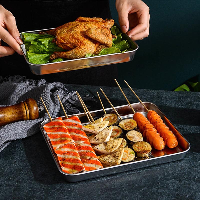 Stainless Steel Food Fruit Storage Trays Rectangle Cake Bread Dish Steamed Sausage Barbecue Pan Restaurant Kitchen Baking Plates