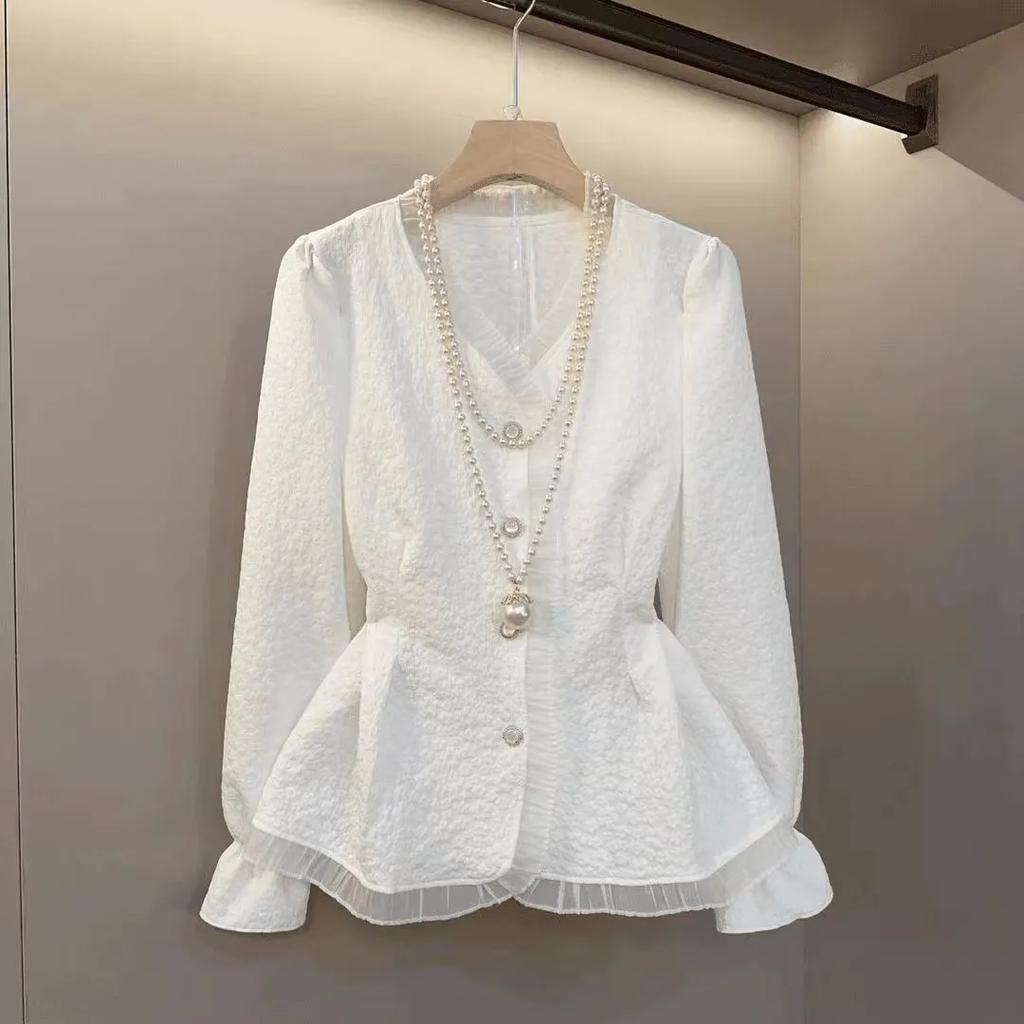 Women's Spring/Fall Long-Sleeve Shirt: Elegant and Stylish with A Flattering Waistline, V-Neck French Blouse
