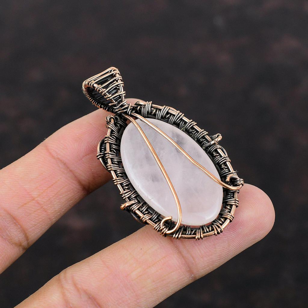 Rose Quartz Pendant Copper Wire Wrapped Pendant Rose Quartz Copper Jewelry Handmade Pendant Wire Wrapping Jewelry Gemstone Pendant For Gift