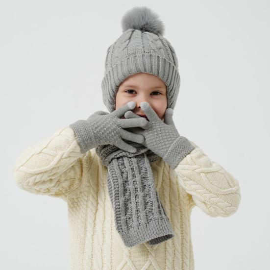 3Pcs/Set Kids Hat Scarf Glove Set Plush Ball Decor Twist Texture Knitting Hat Long Scarf Winter Gloves Set Winter Accessories