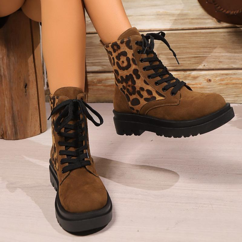 Damen Übergröße Leopardenmuster Schnürung Dicke Sohle Runde Spitze Kurze Martin Boots.
