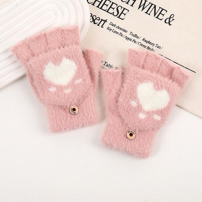 Winter Thicken Cat Paw Pattern Gloves for Women Girls Outdoor Warm Plush Mittens Fashion Solid Soft Plush Half Finger Gloves