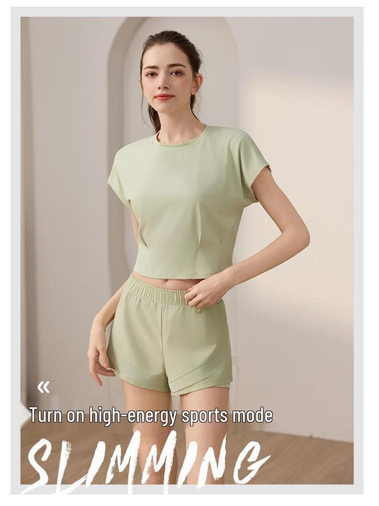 Damski Szybkoschnący Wyszczuplający Zestaw do Jogi: Oddychający top z krótkim rękawem i szorty fitness na lato.