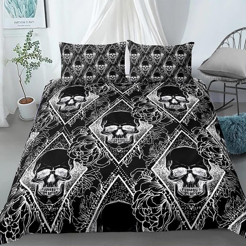 Skull Duvet Cover King Halloween Comforter CoverGothic Fog Smoke Skull Skeleton Bedding SetGrey Quilt Cover Room Decor 2/3pcs