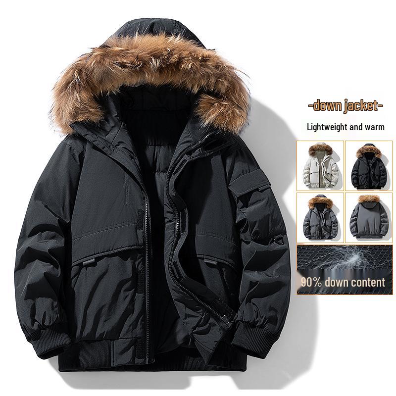 Men's Winter Mid-Length White Duck Down Parka with Large Fur Collar