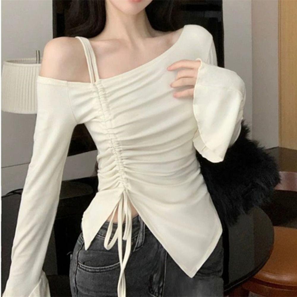 Slim Irregular T Shirt Drawstring Long Sleeve Crop Top Chic Slanted Shoulder Top  Autumn