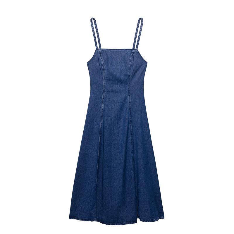 

Elegant Summer Denim Midi Spaghetti Strap Dress for Women Extra Small
