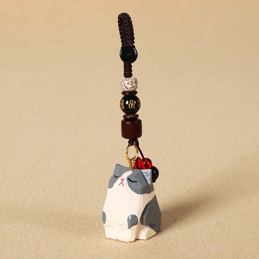Weave Rope Wood Kitty Dolls Pendant Flower Car Keyring Wooden Carved Cat Keychain  Girl/Boy