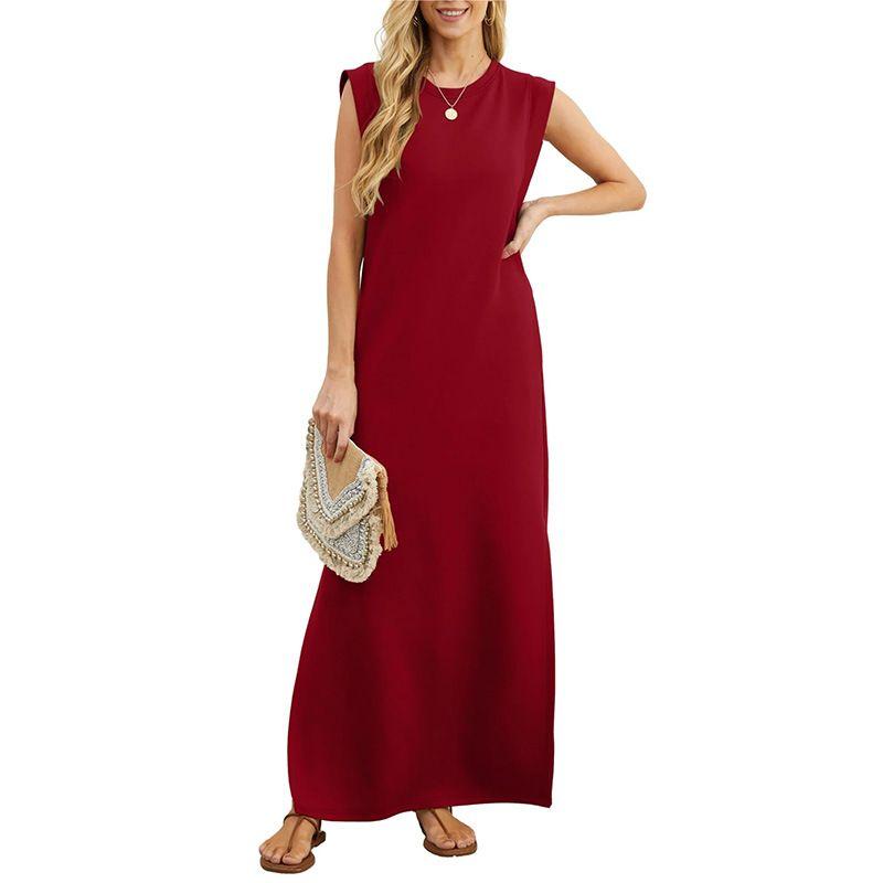 

round Neck Sleeveless Solid Color Dress round Neck Sleeveless Pure Color Dress Burgundy S