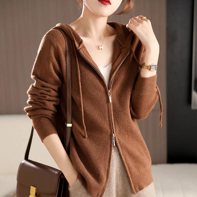 Hooded Sweater Jacket Women's Spring Autumn Winter Models Double Zipper Loose and Thin Sweater Korean Version of The Simple Temperament Top Cardigan