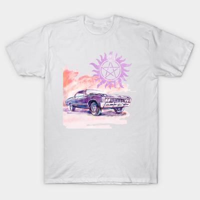 Men Black Print T-shirt Supernatural Bright 67 Impala No-Cut Transfer Paper Print Cotton Tshirt