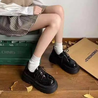 Black Round Head British Style Platform Small Leather Shoes for Women's Spring and Autumn 2025 New Retro Heightening Single Shoes To Work Lace Up