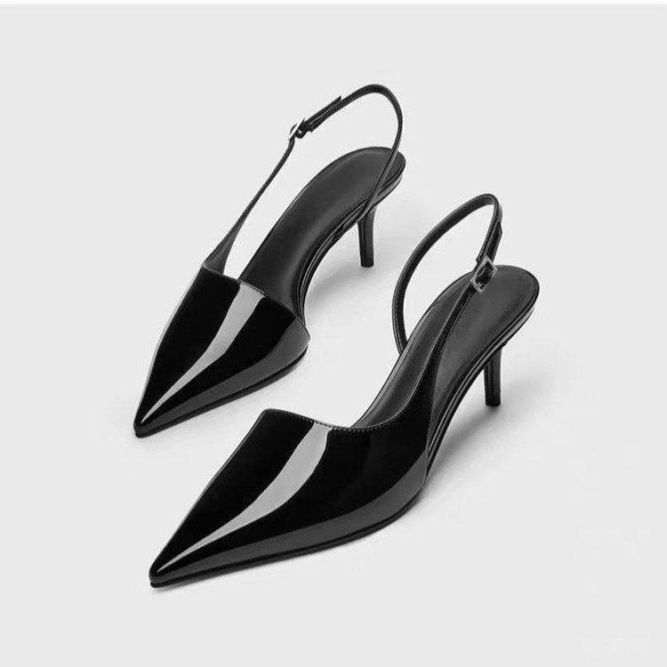 Sharp Pointed Thin Heel Super High Heels Sandals Women Summer New Black Patent Leather Sexy French Toe Cap Oversized Sandals