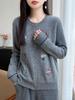 2026 Autumn/Winter Women's Loose Round Neck Cartoon Embroidery 100% Wool Cardigan